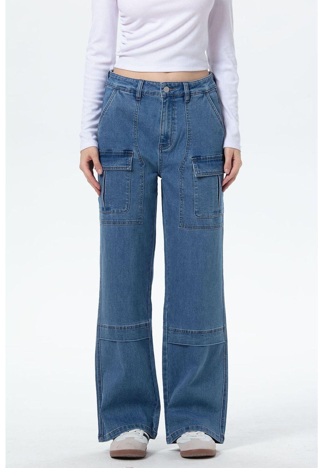 Jeans Mujer Cargo Calce Recto Azul - lV-0