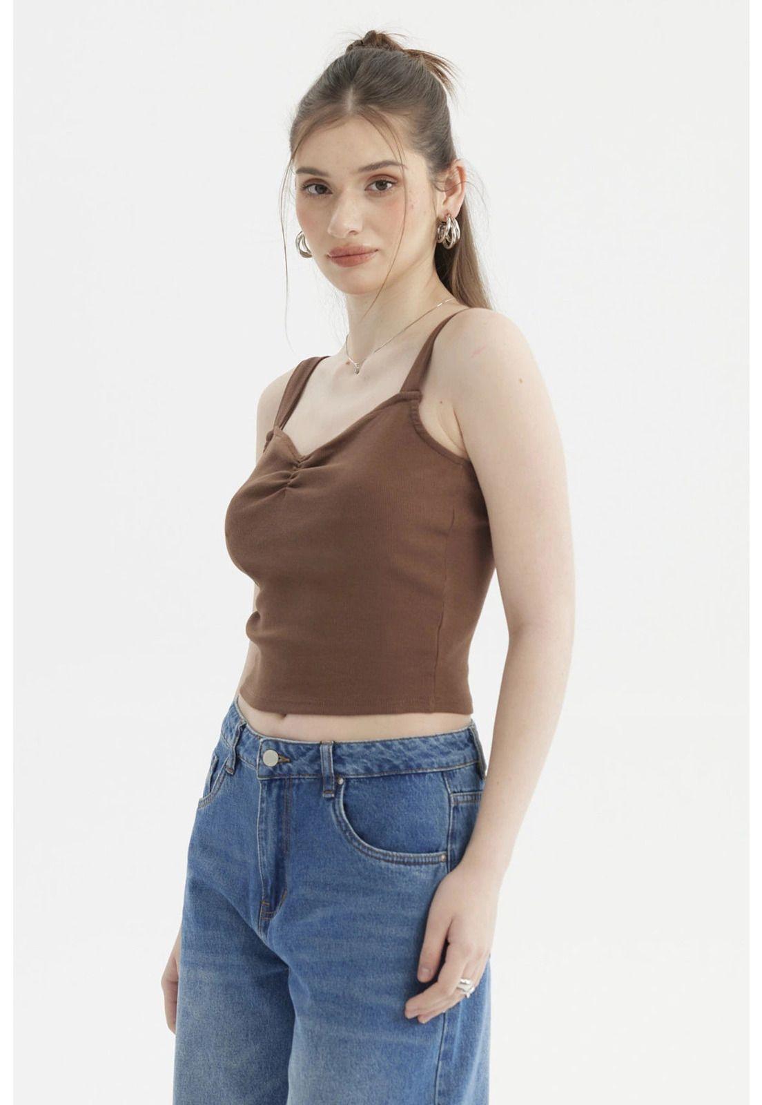 Polera Mujer Escote Corazón Y Recogido Café Oscuro-1