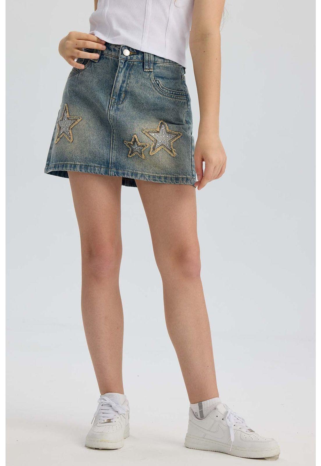 Falda Niña Denim Con Estrellas Azul-0