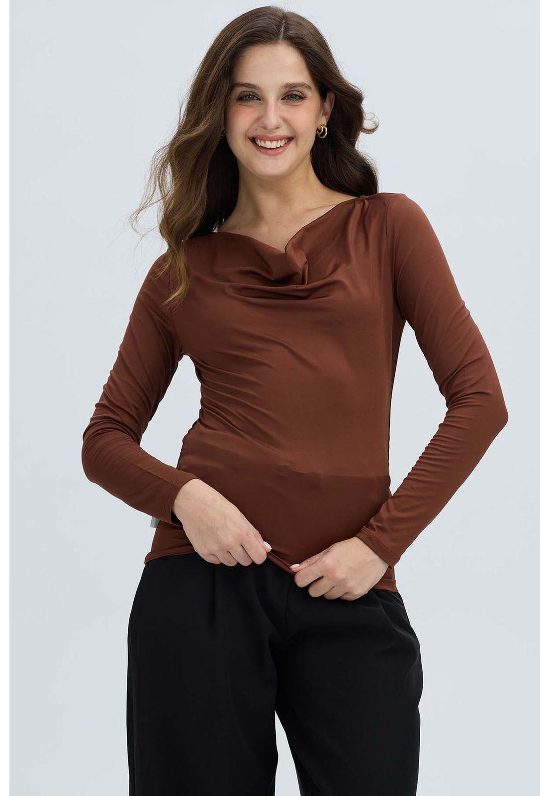 Polera Mujer Drapeado Delantero Café Oscuro-0