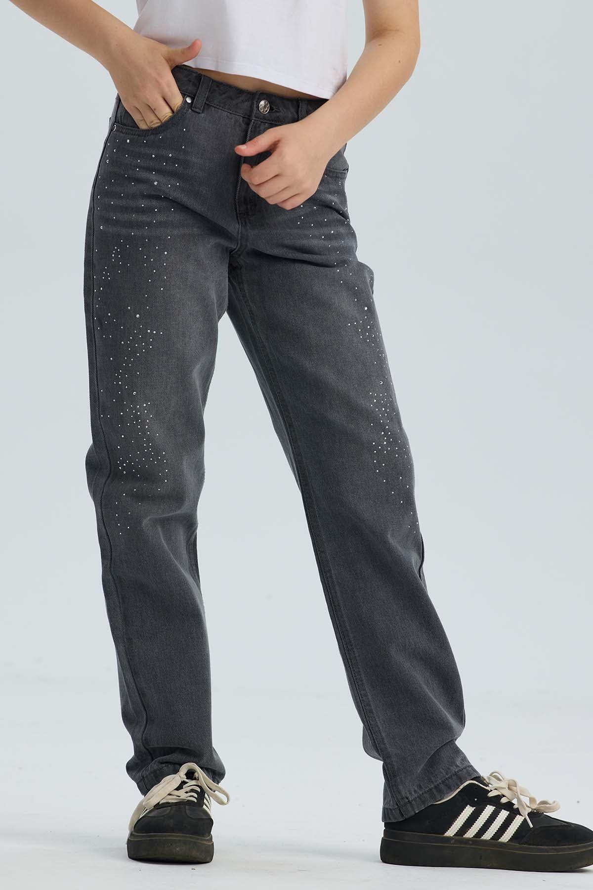 Jeans Niña Mom Con Strass Gris-2