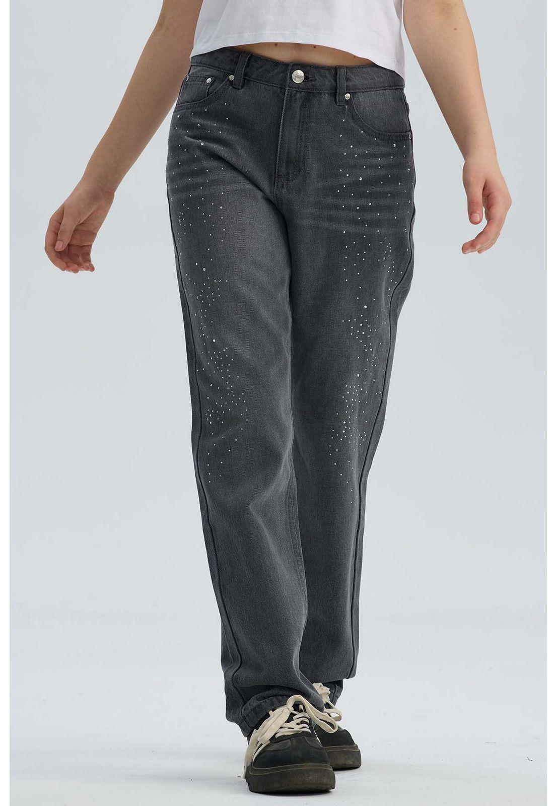 Jeans Niña Mom Con Strass Gris-0