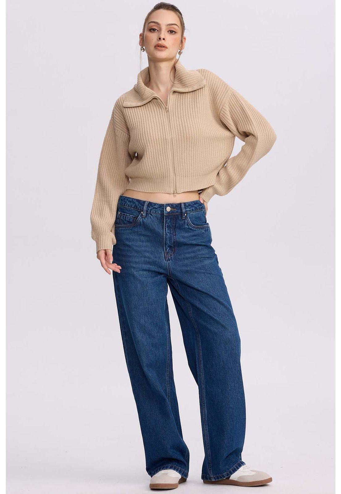 Sweater Mujer Full Zipper Beige-3