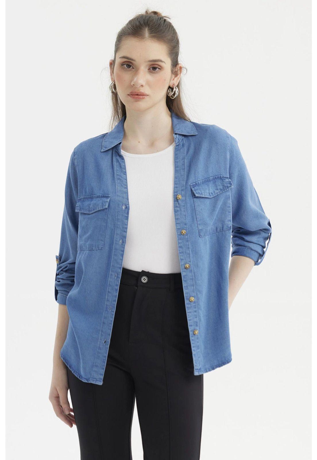 Blusa Mujer Manga Roll Up Azul-0