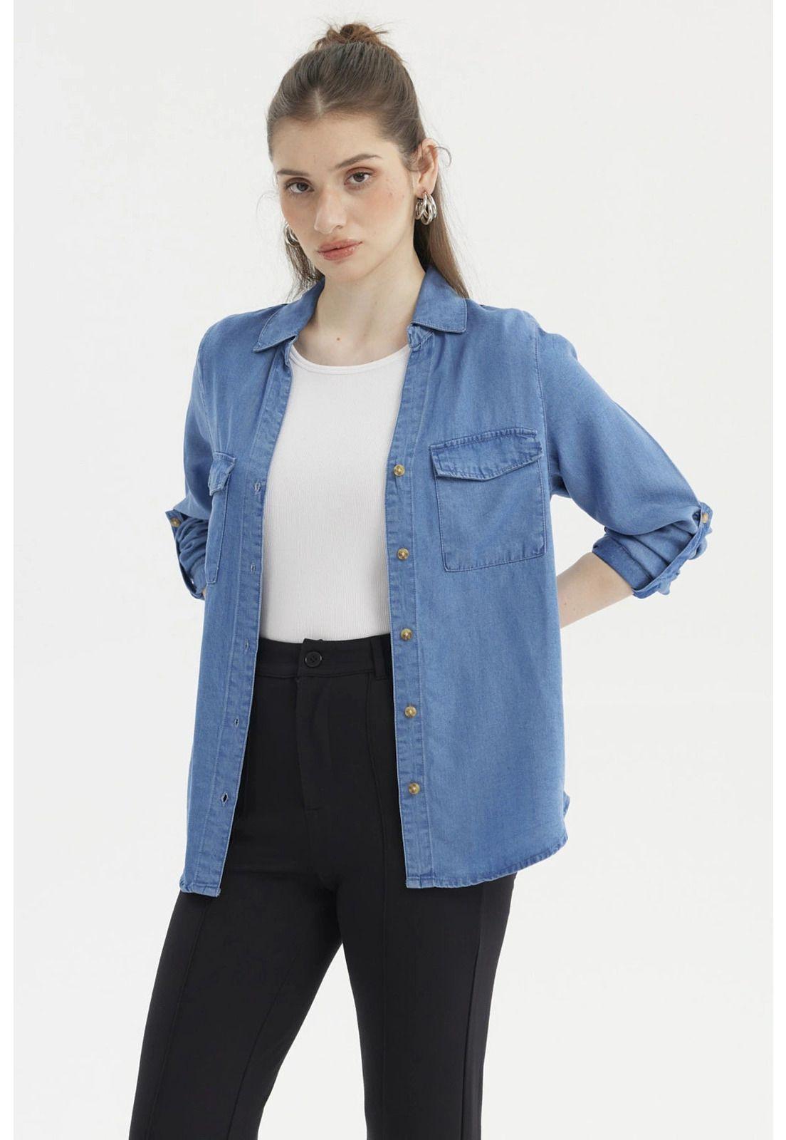 Blusa Mujer Manga Roll Up Azul-1