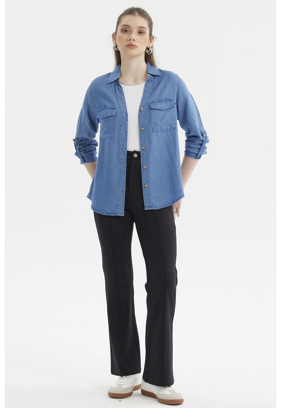 Blusa Mujer Manga Roll Up Azul-3