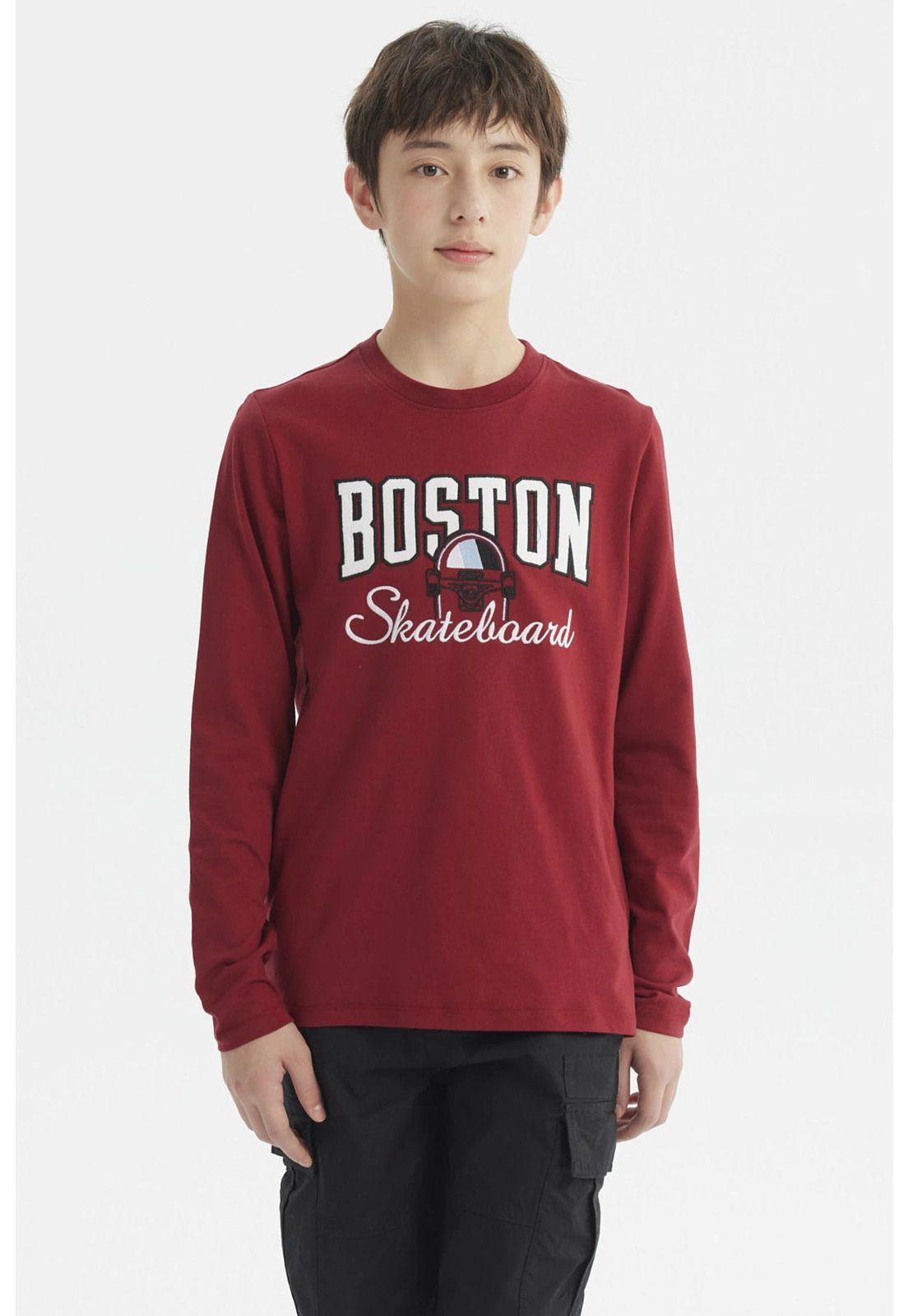 Polera Niño Print Bordado College Rojo Oscuro-0