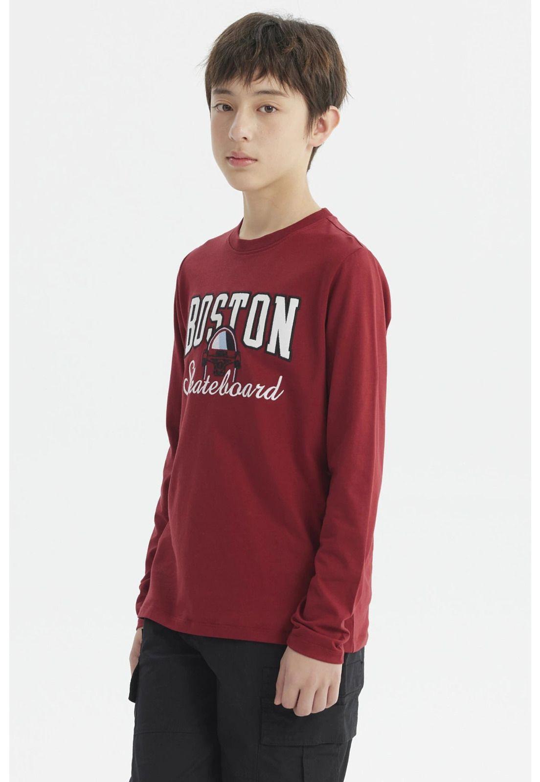 Polera Niño Print Bordado College Rojo Oscuro-1