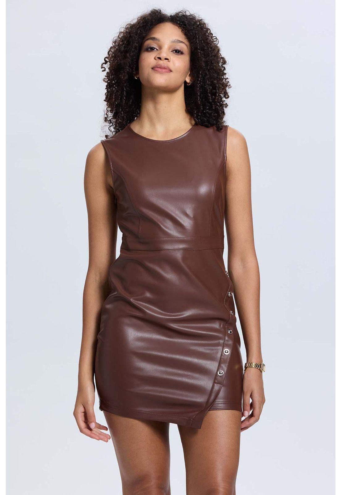 Vestido Mujer Efecto Cuero Corto Café-0