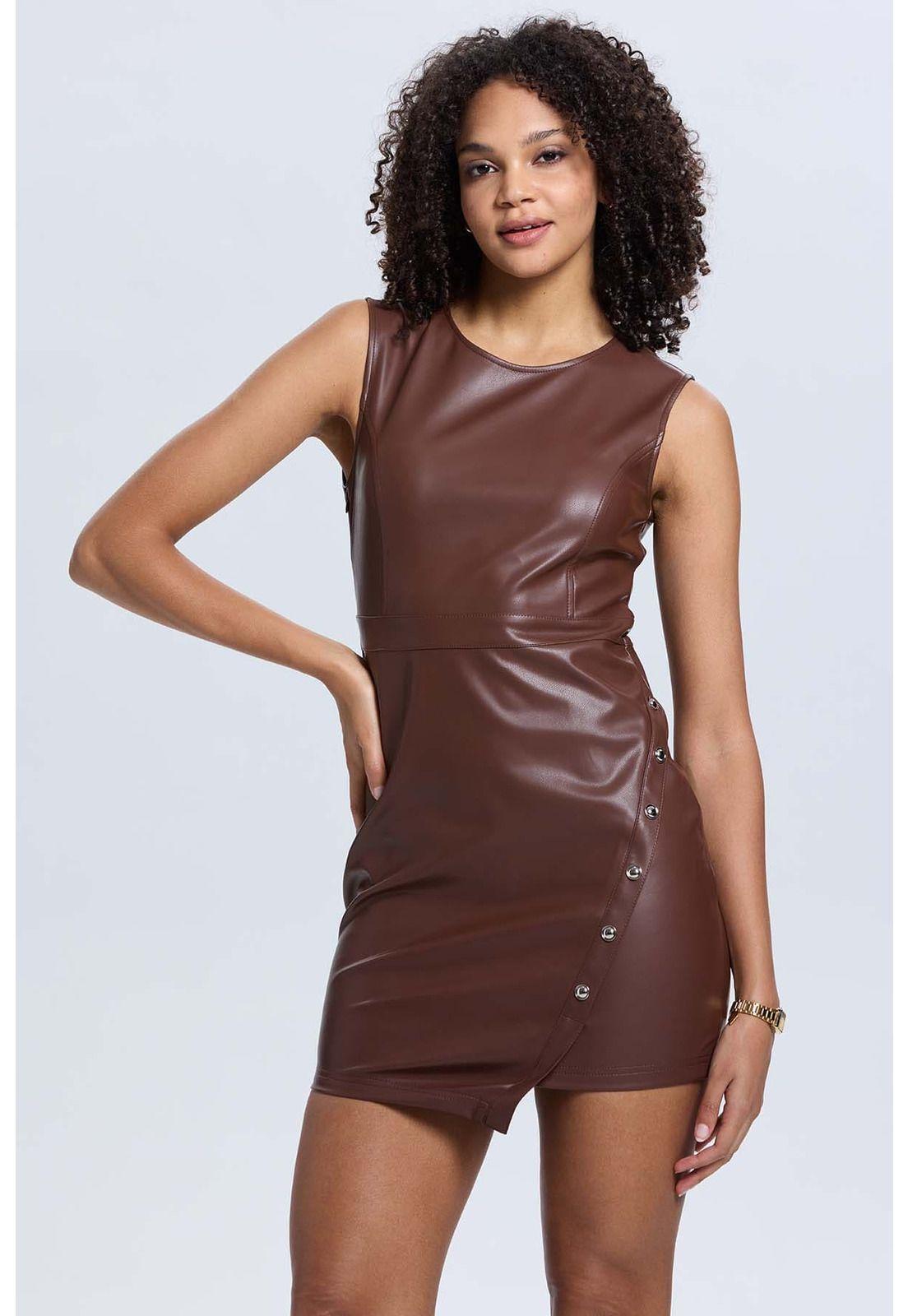 Vestido Mujer Efecto Cuero Corto Café-1