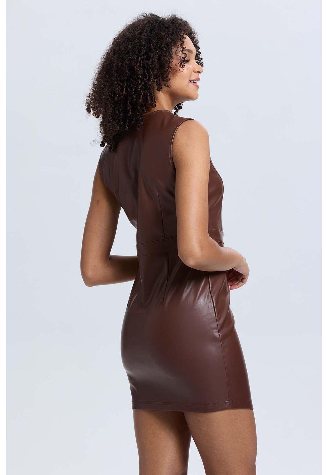Vestido Mujer Efecto Cuero Corto Café-2
