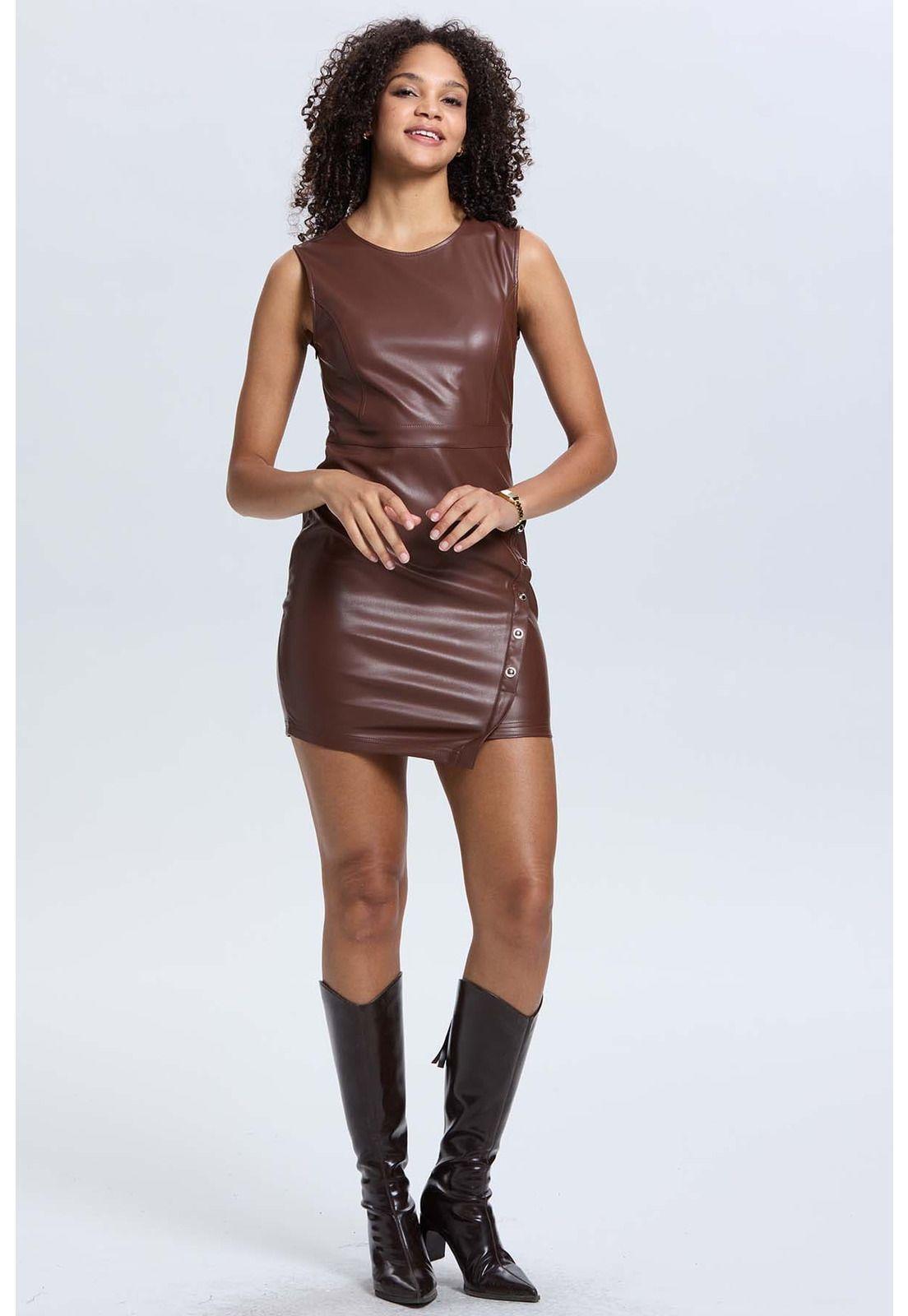 Vestido Mujer Efecto Cuero Corto Café-3