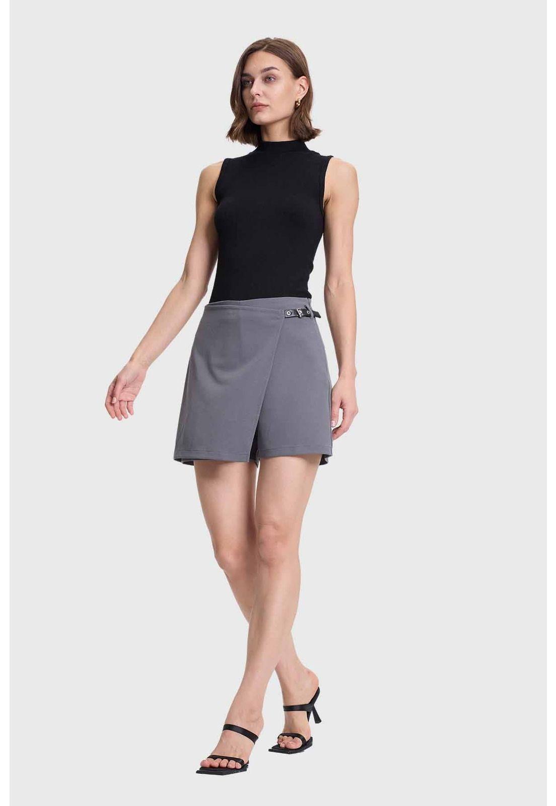 Falda Short Mujer Aplicación Lateral Cintura Gris-3