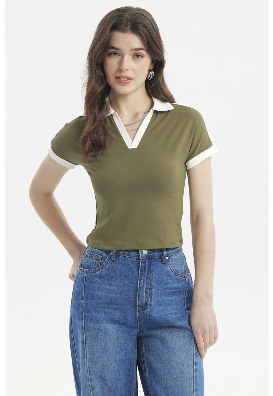 Polera Mujer Color Cuello Polo Verde Militar Claro-0