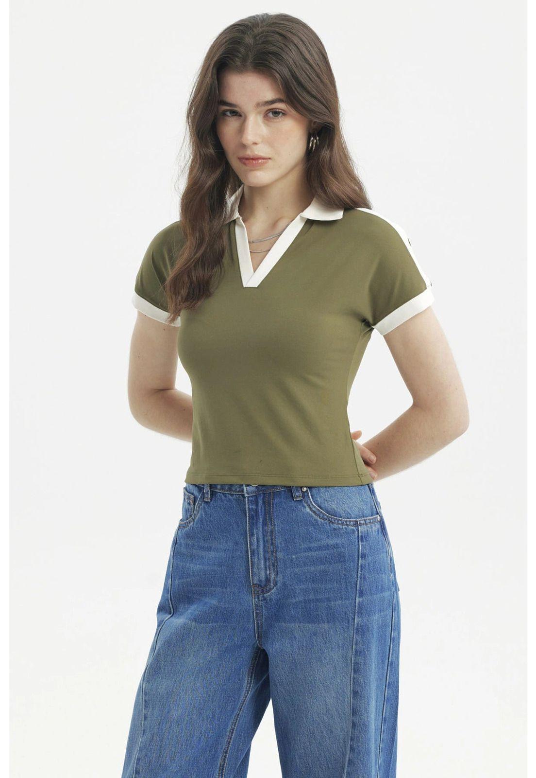Polera Mujer Color Cuello Polo Verde Militar Claro-1