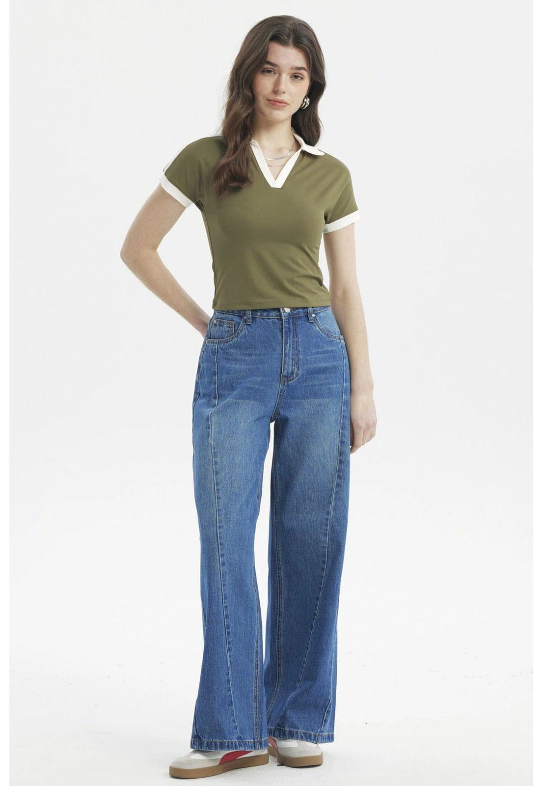 Polera Mujer Color Cuello Polo Verde Militar Claro-3