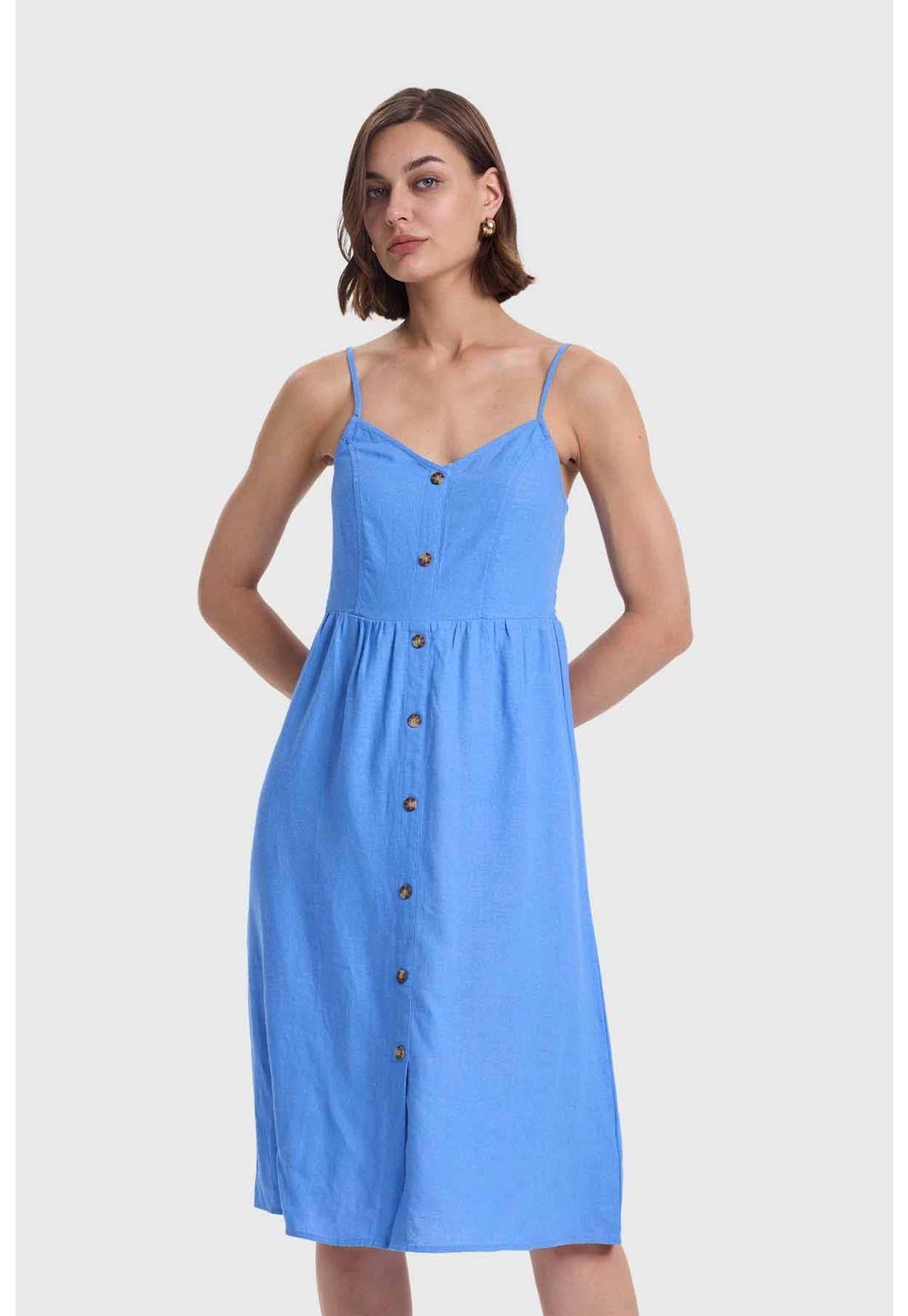 Vestido Mujer Pabilo Lino Celeste-0