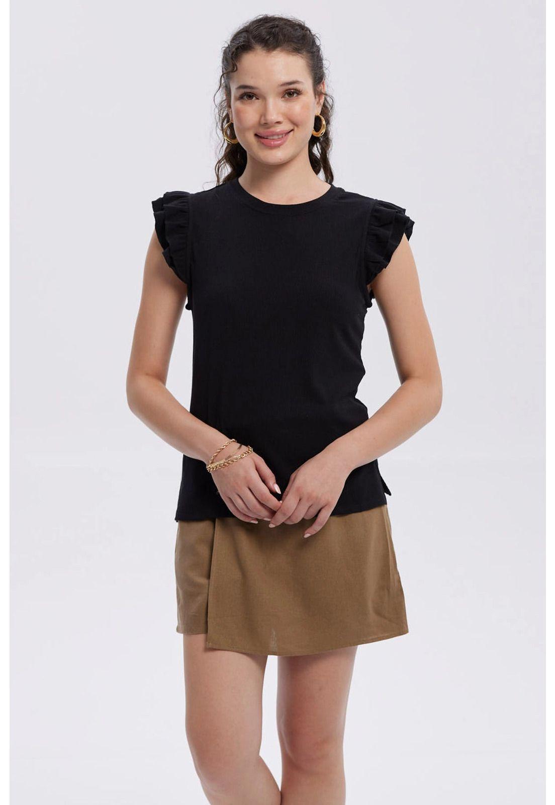 Polera Mujer Vuelos Rib Lisa Negro-0