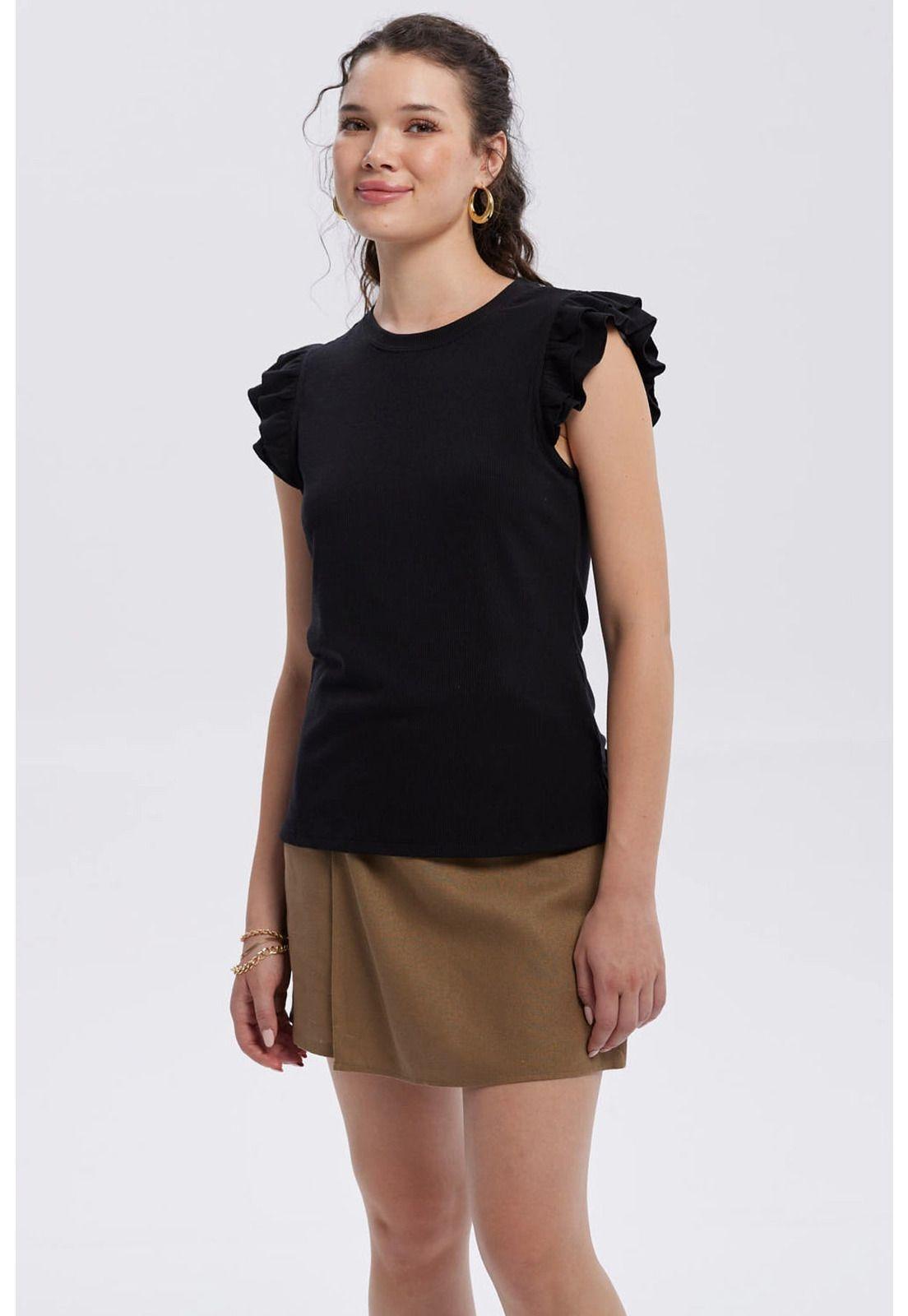 Polera Mujer Vuelos Rib Lisa Negro-2