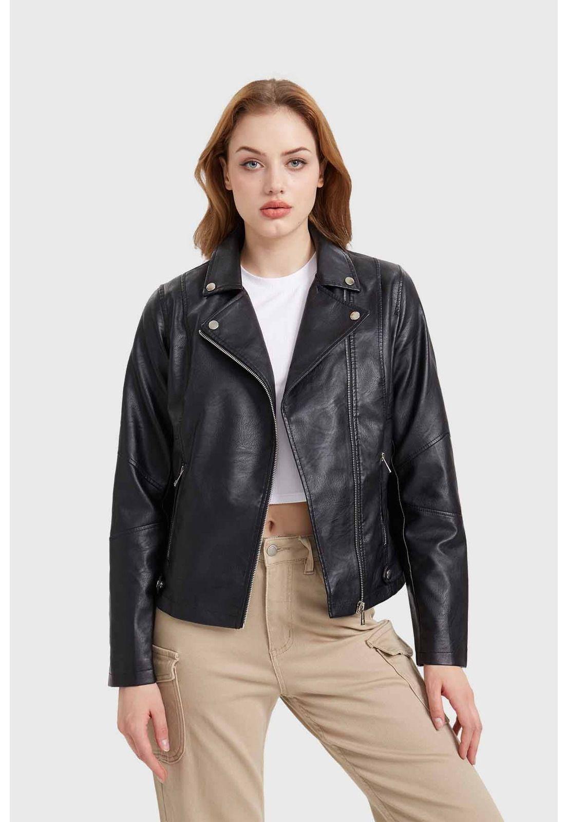 Chaqueta Mujer Biker Efecto Cuero Negro - ll-0
