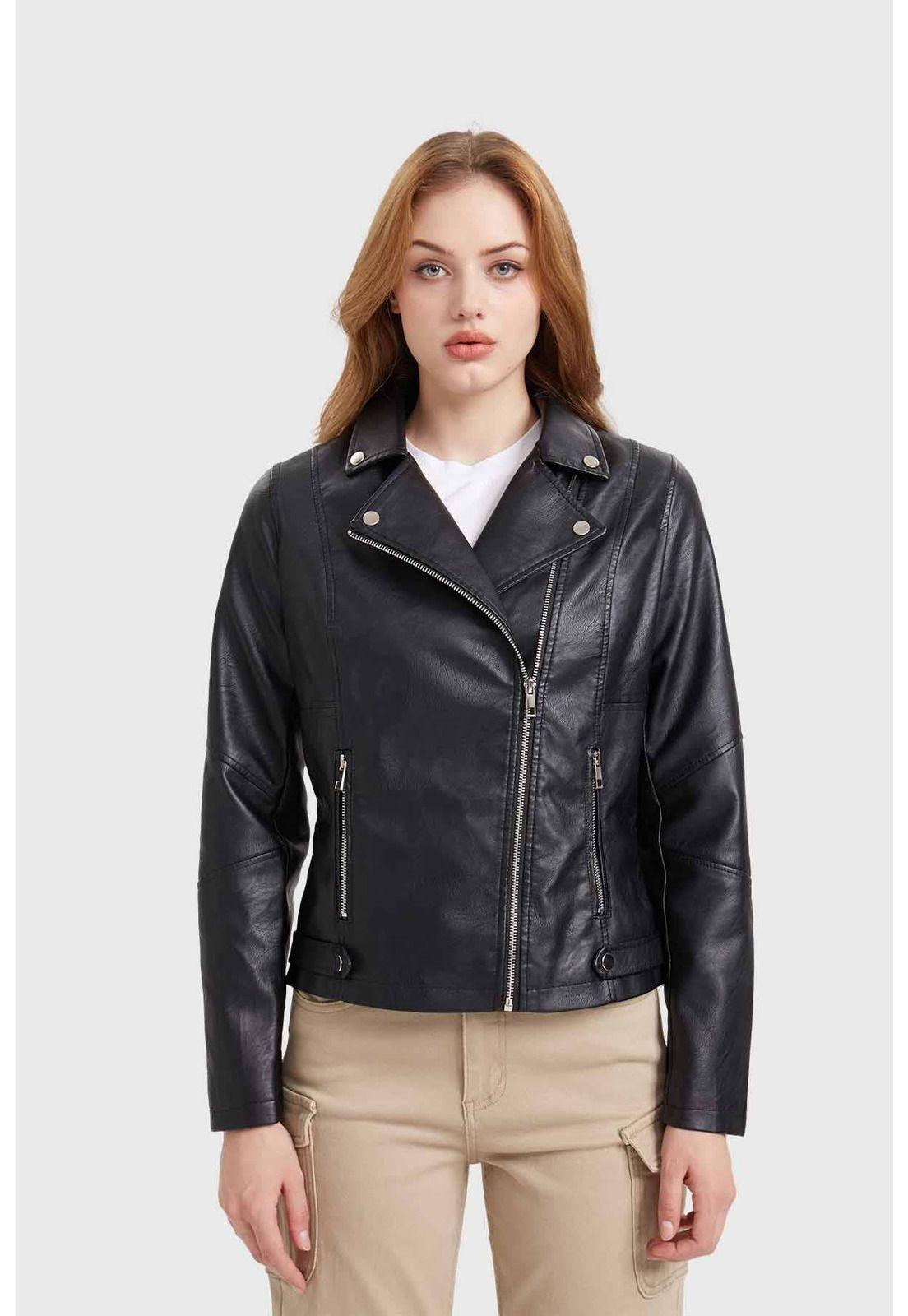 Chaqueta Mujer Biker Efecto Cuero Negro - ll-1