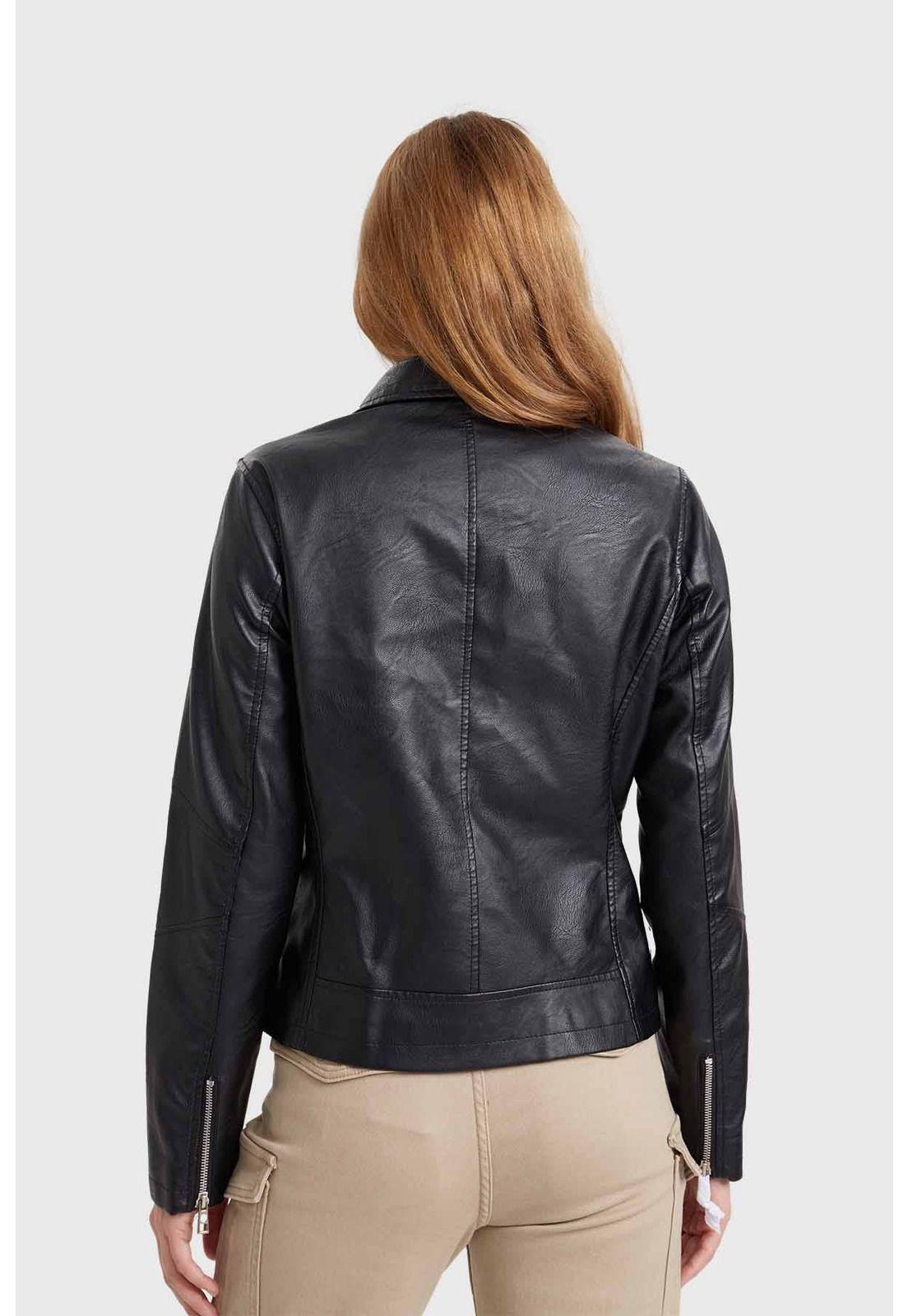 Chaqueta Mujer Biker Efecto Cuero Negro - ll-2