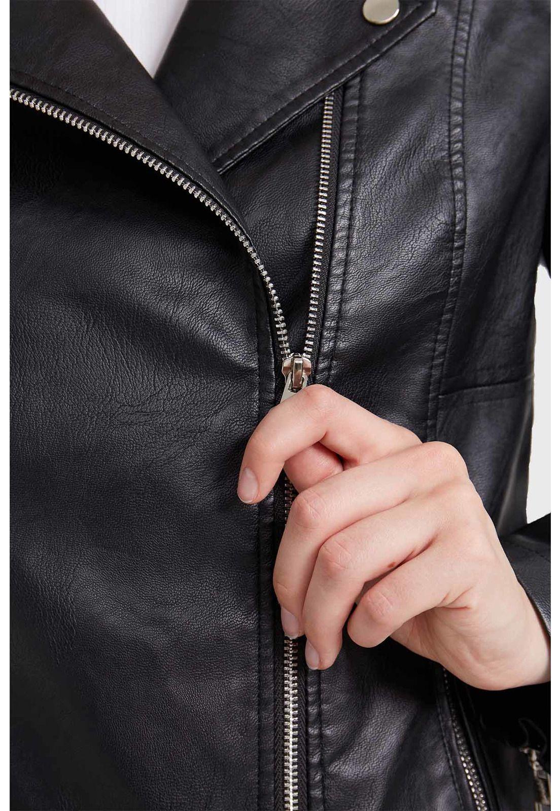 Chaqueta Mujer Biker Efecto Cuero Negro - ll-3