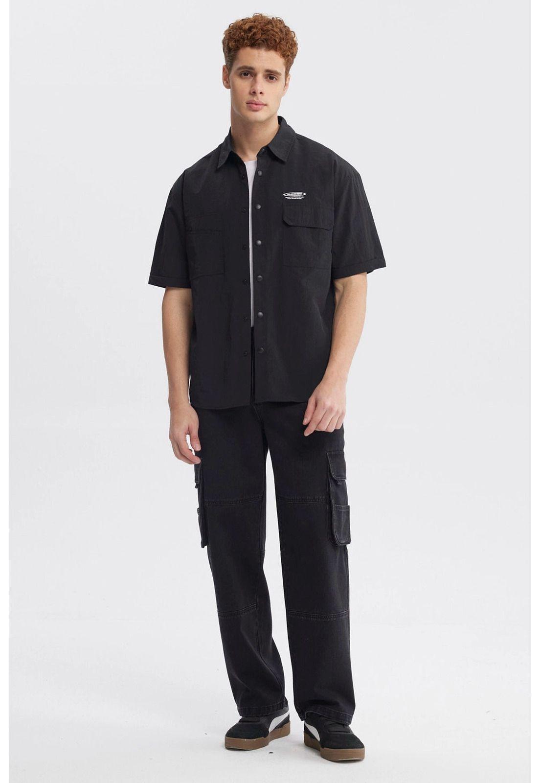 Camisa Hombre Oversize Doble Bolsillo Negro-3
