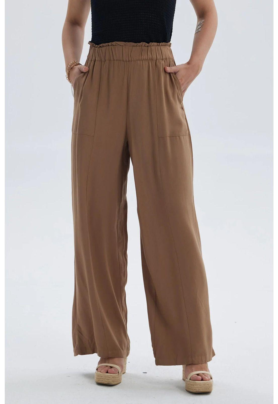 Pantalón Mujer Palazzo Liso Pretina Elasticada Café Oscuro-0