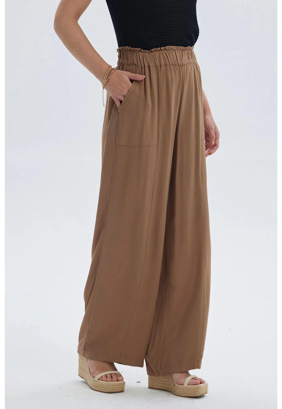 Pantalón Mujer Palazzo Liso Pretina Elasticada Café Oscuro-1