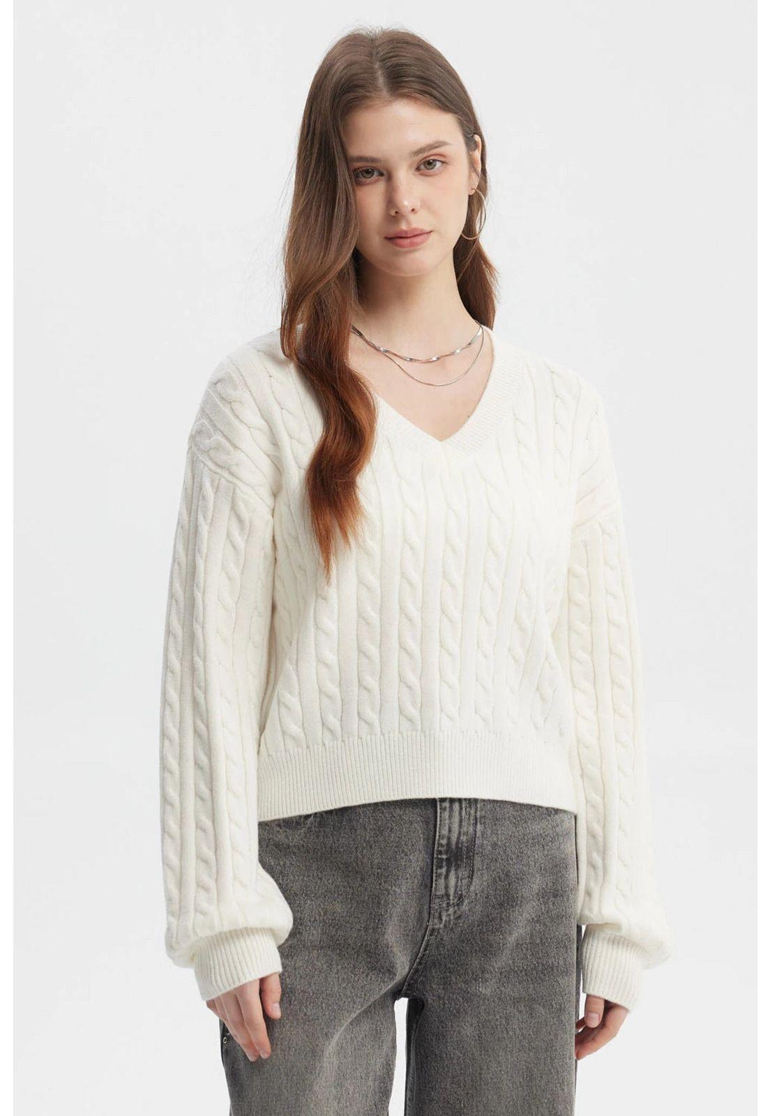 Sweater Mujer Cuello V Lisos Crudo-0