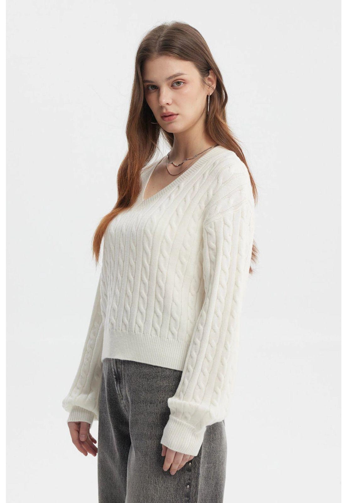 Sweater Mujer Cuello V Lisos Crudo-1