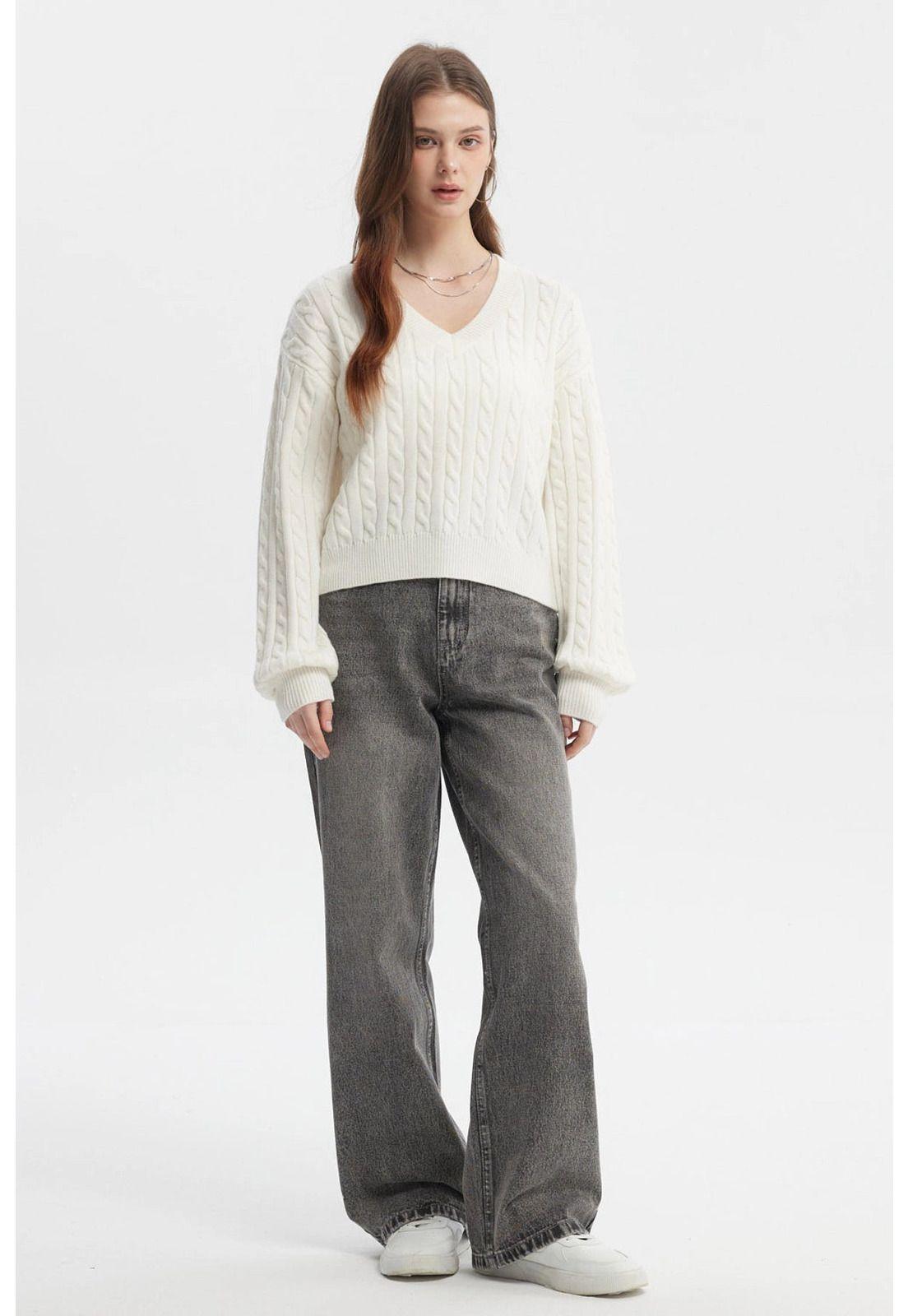 Sweater Mujer Cuello V Lisos Crudo-3