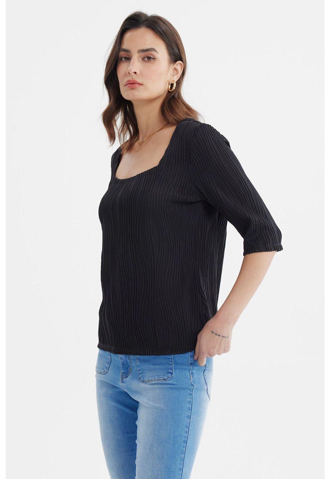 Polera Mujer Manga Al Codo Texturizada Negro-1