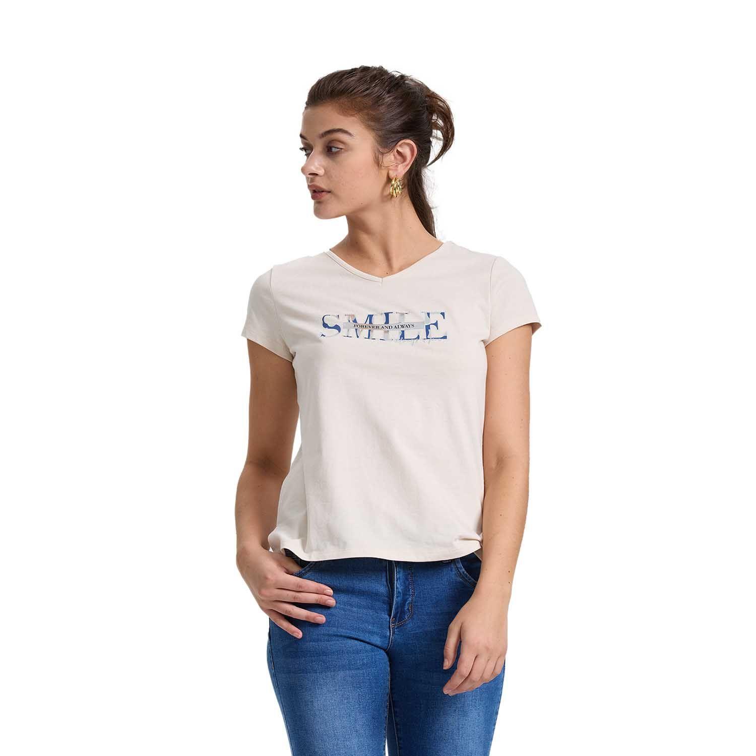 Polera Mujer Print Aplicación Folia Crema Fashion's Park-0