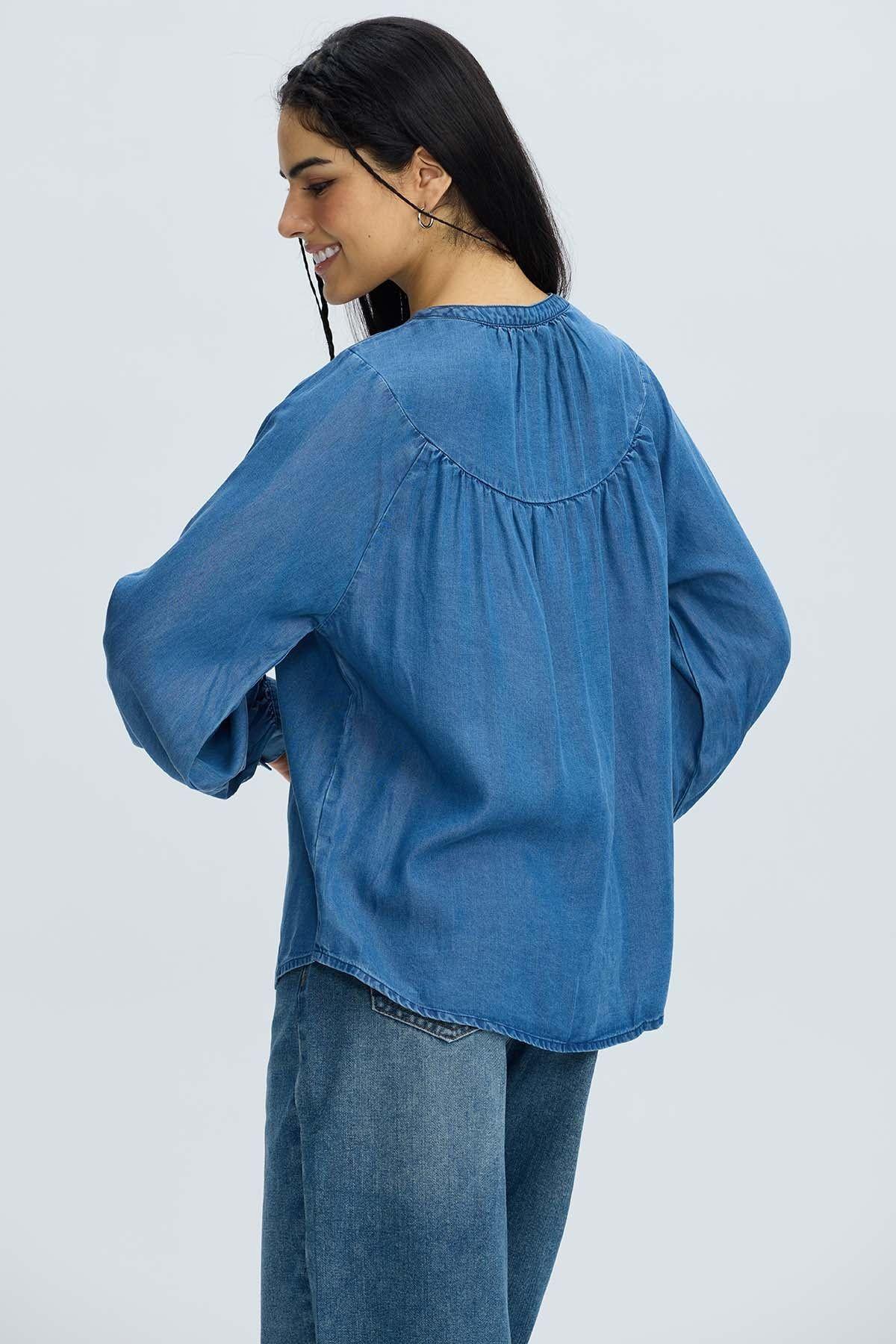 Blusa Mujer Boho Botones Azul-2