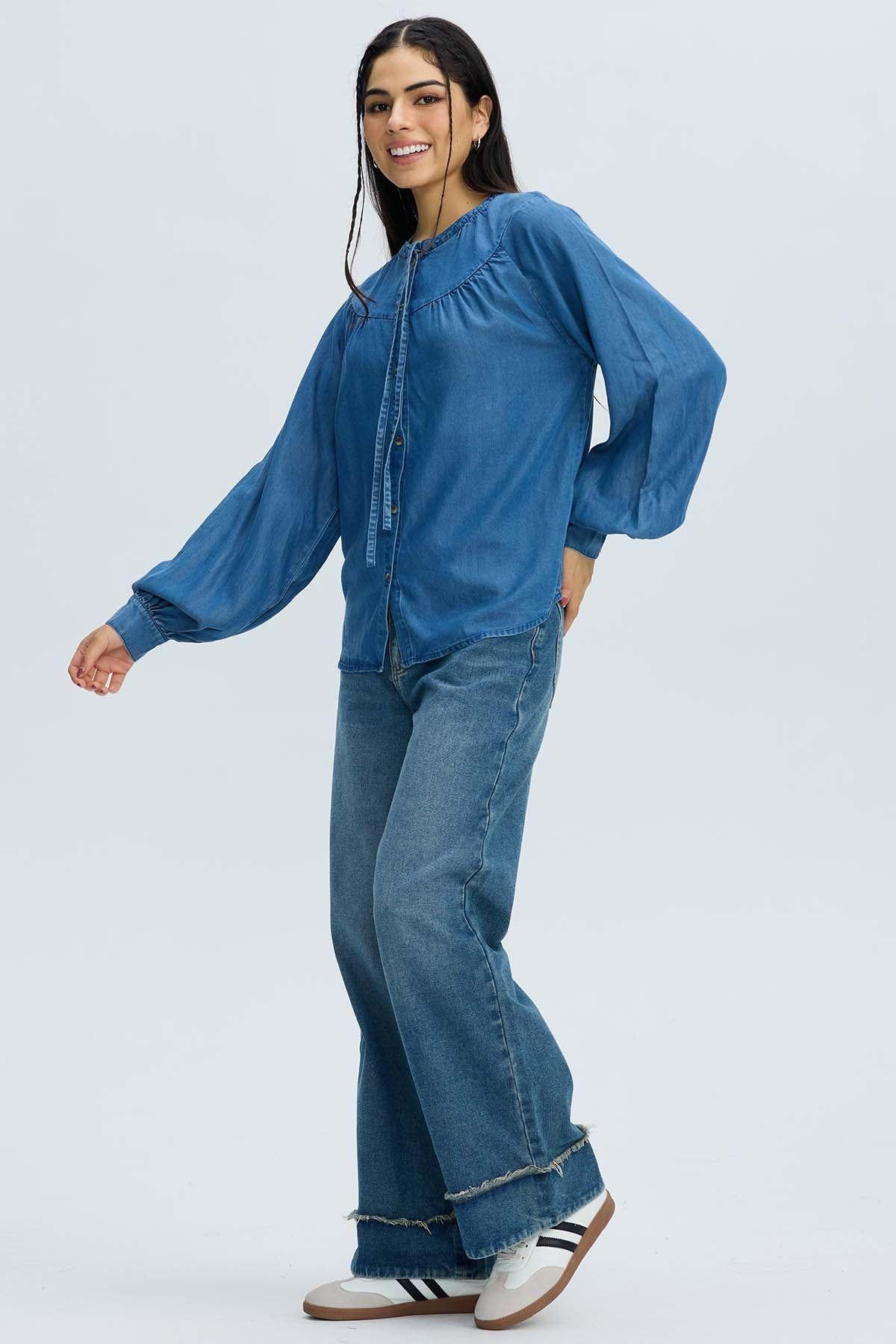 Blusa Mujer Boho Botones Azul-3