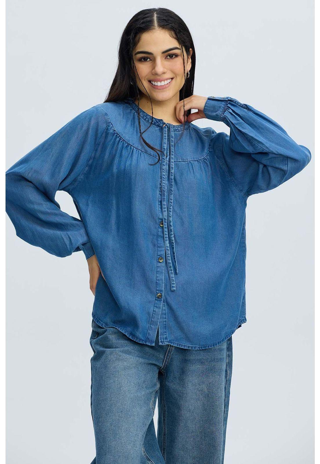 Blusa Mujer Boho Botones Azul-1