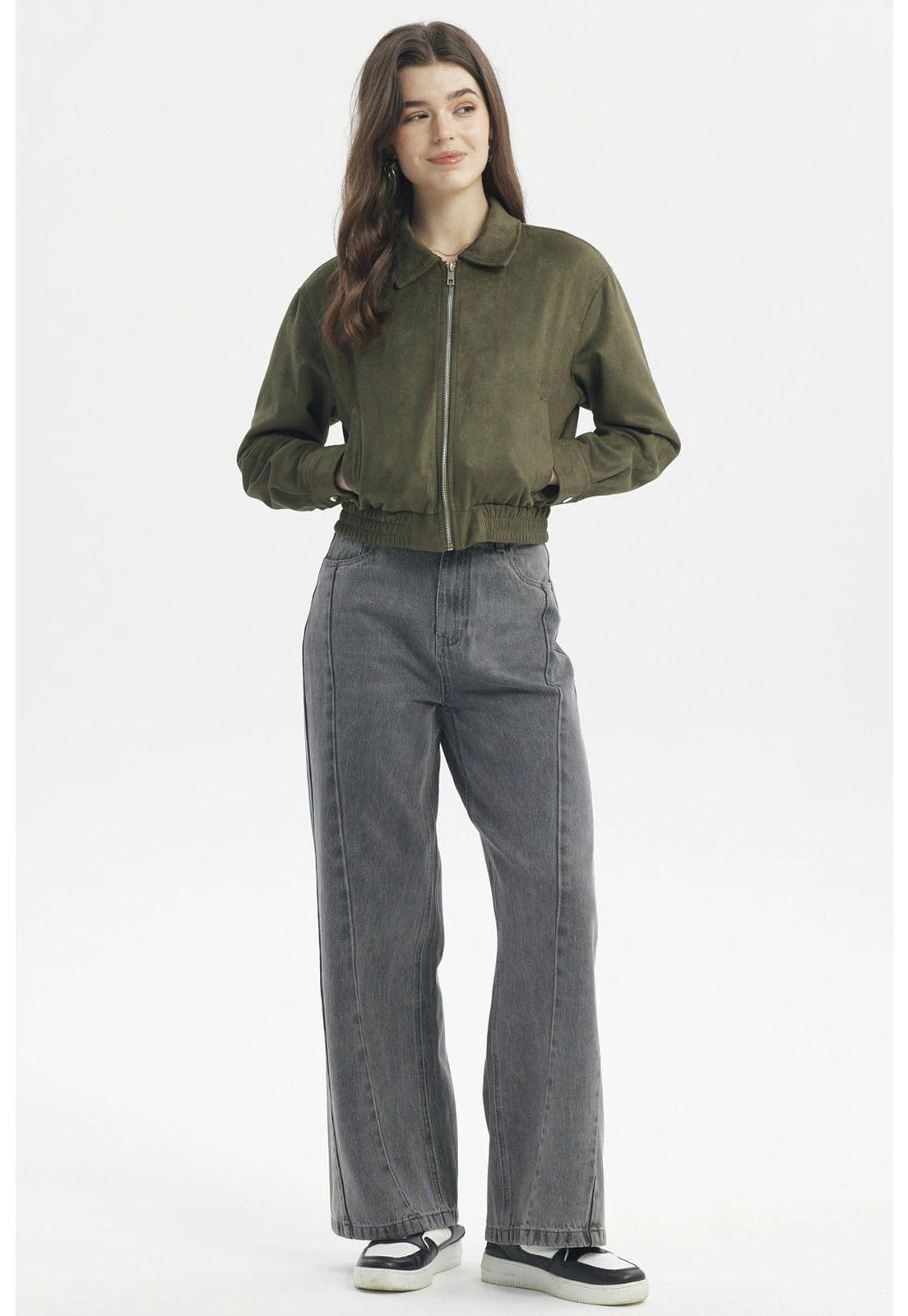 Chaqueta Mujer Bomber Gamuza Verde Militar-3