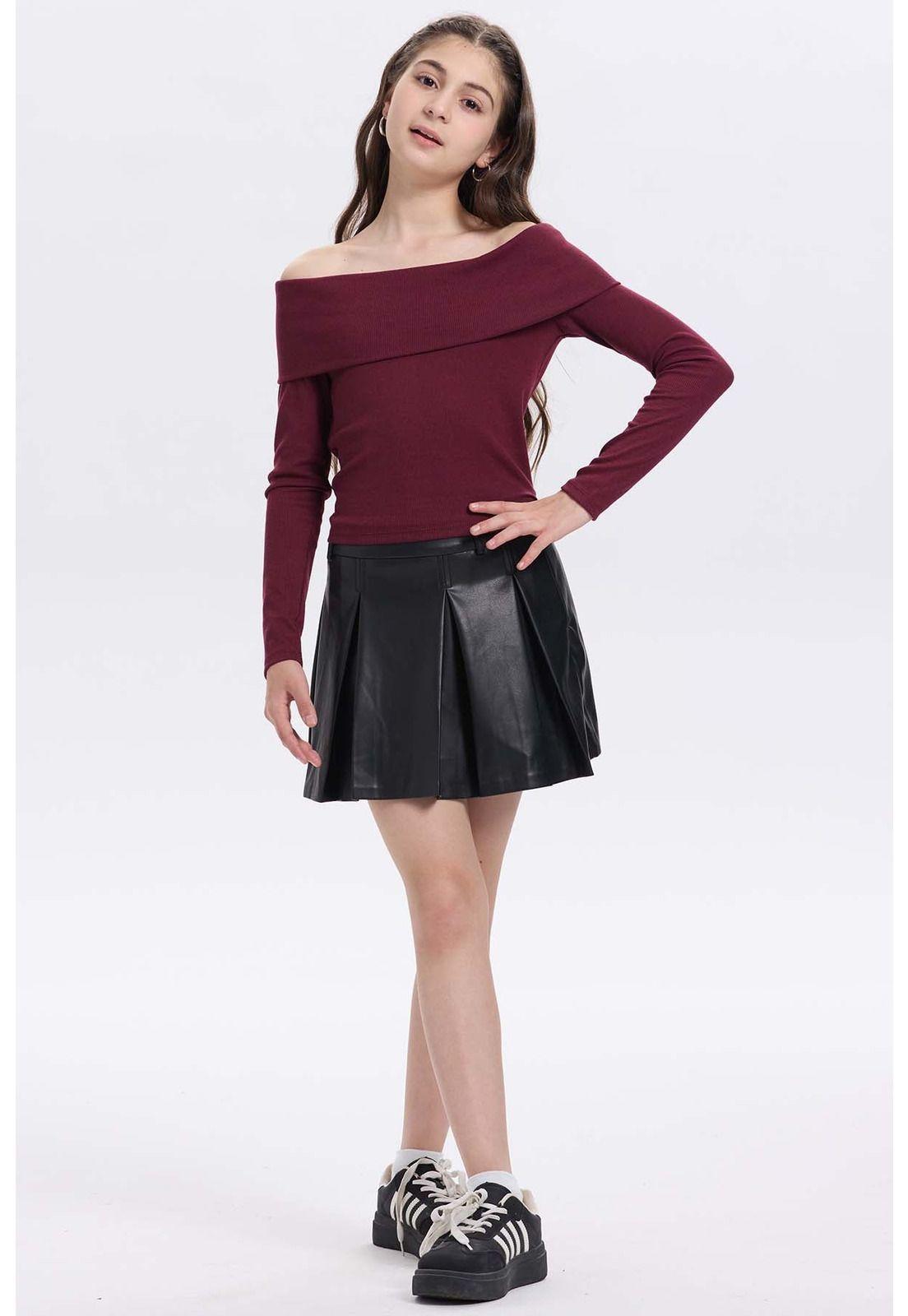 Falda Niña Efecto Cuero Tableada Negro-3