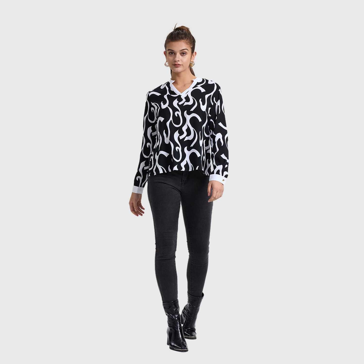 Blusa Mujer Escote V Full Prnt Negro Fashion's Park-3