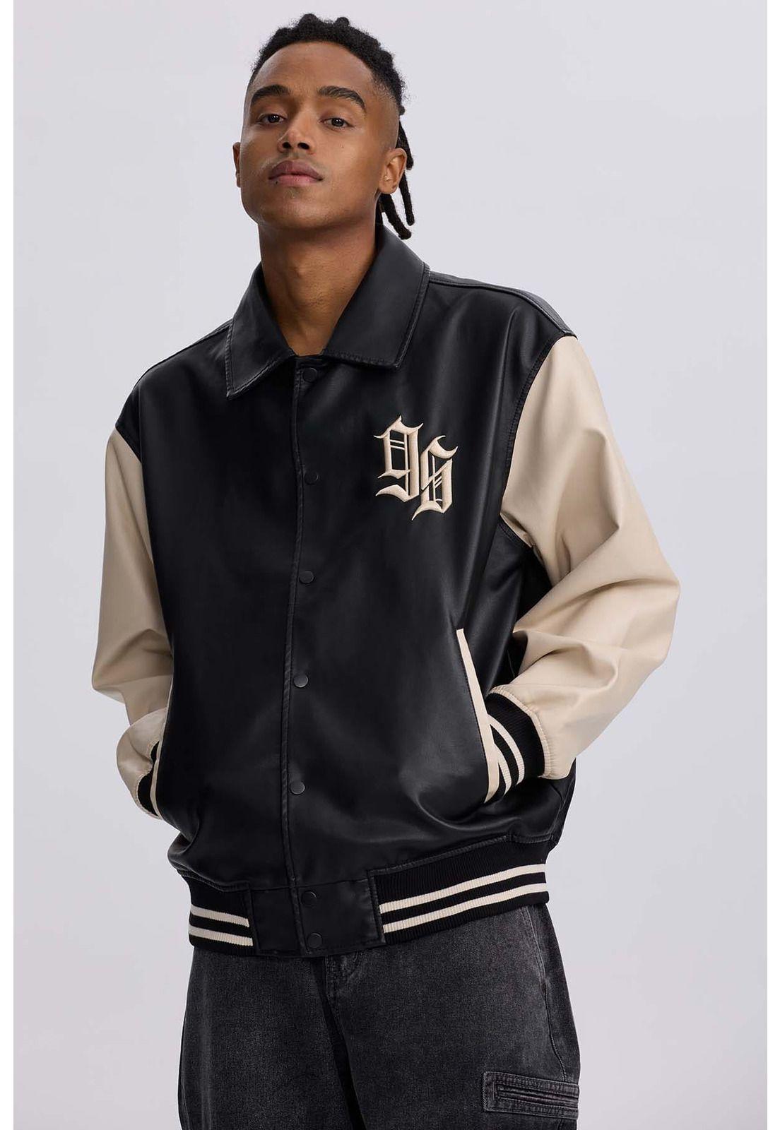 Chaqueta Hombre Efecto Cuero Negro-0