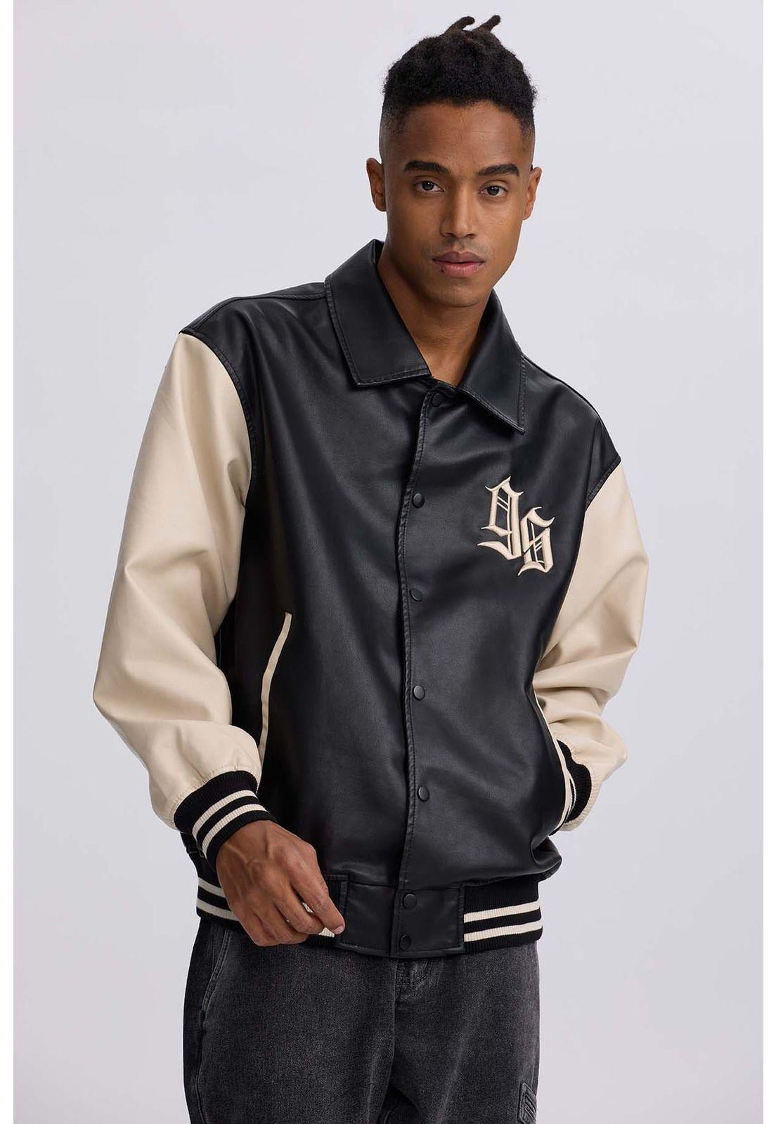 Chaqueta Hombre Efecto Cuero Negro-1