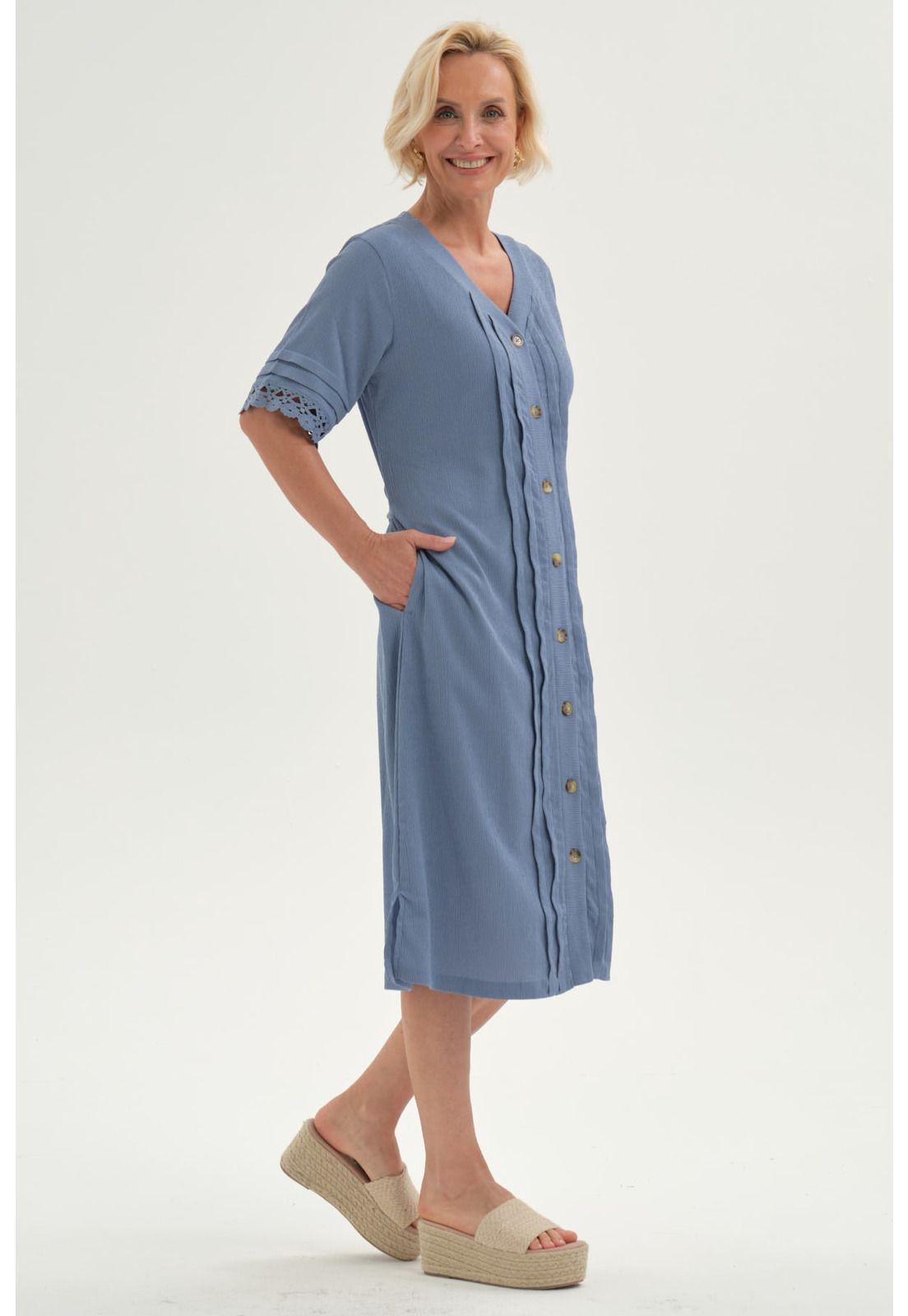 Vestido Mujer Con Textura Celeste Oscuro-1