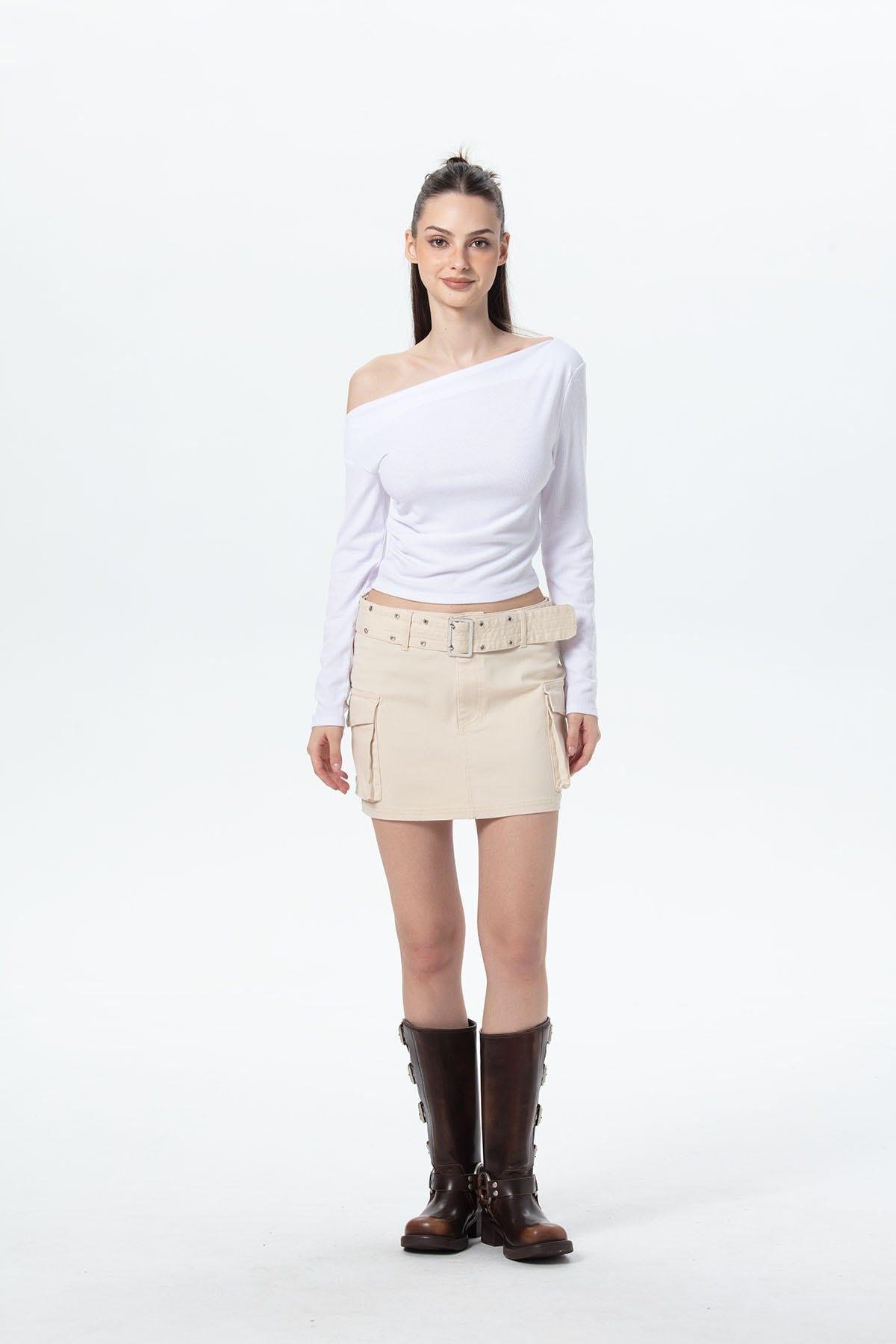 Falda Mujer Cinturón Ojetillo Beige-3