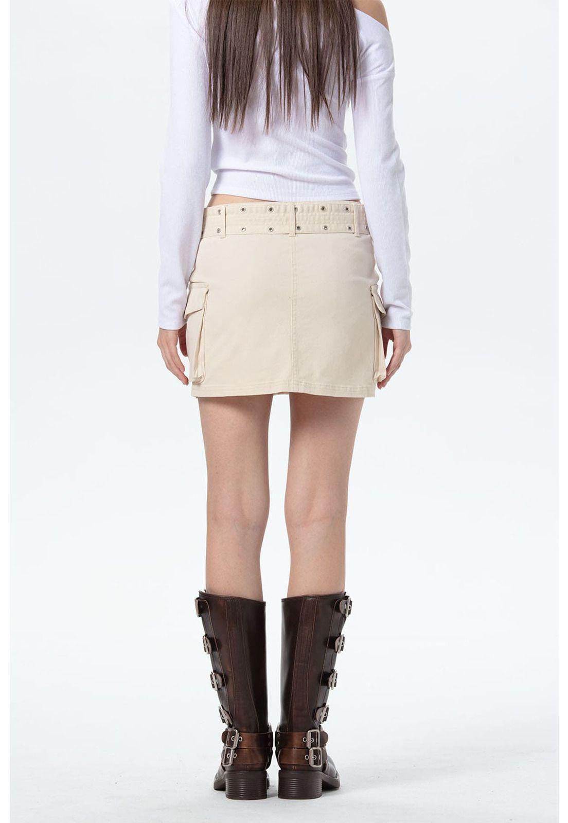 Falda Mujer Cinturón Ojetillo Beige-2