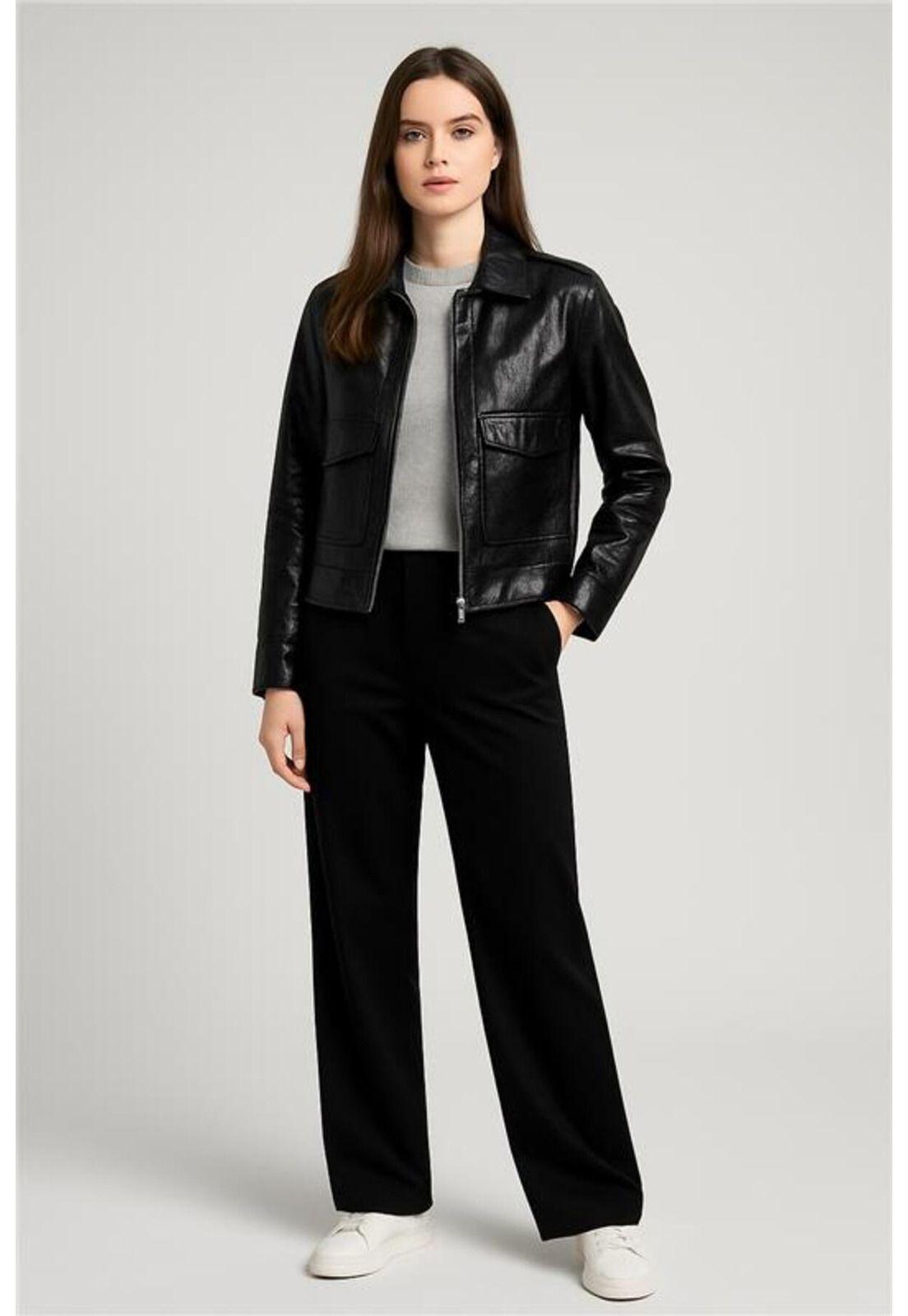 Chaqueta Mujer Efecto Cuero Bolsillo Negro-0