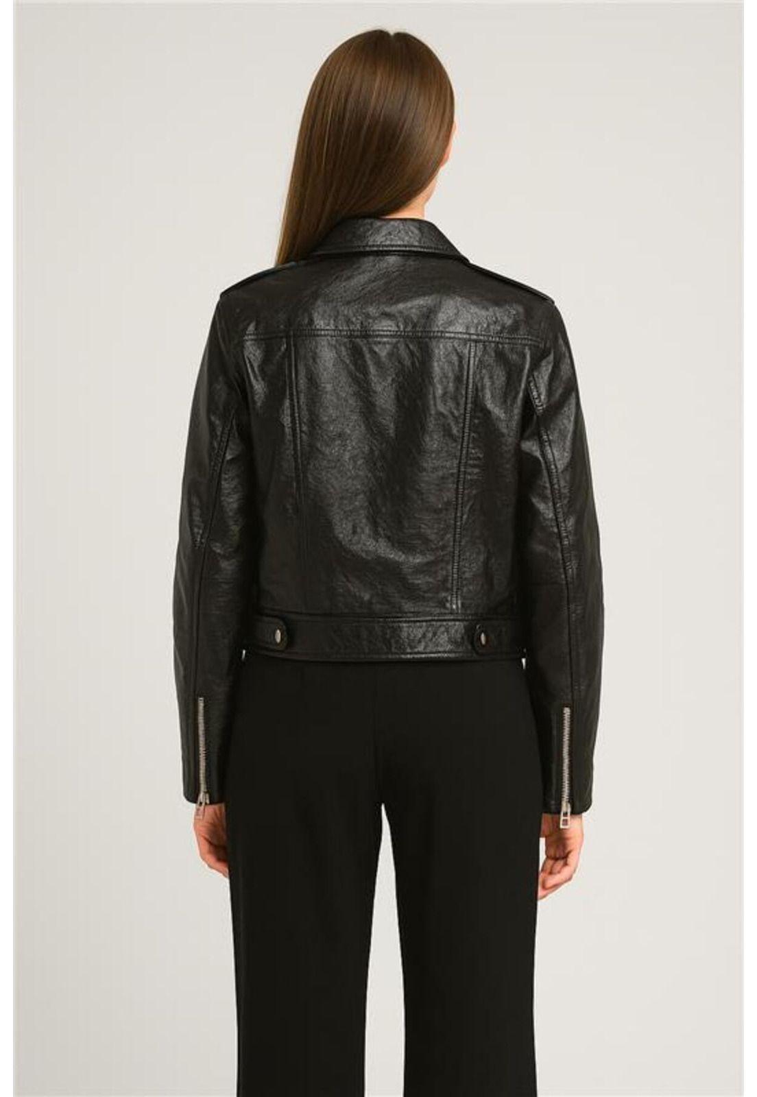 Chaqueta Mujer Efecto Cuero Bolsillo Negro-1