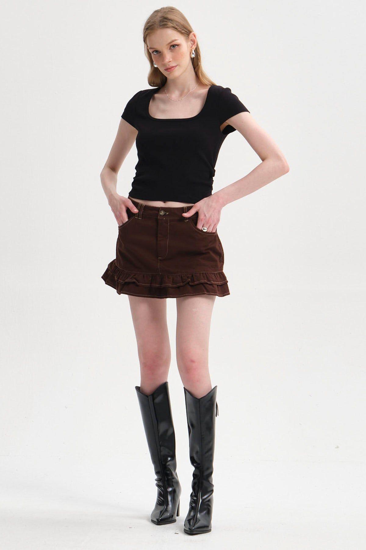 Falda Mujer Vuelos Gabardina Chocolate-3