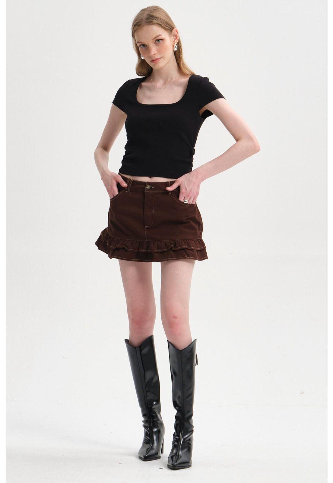 Falda Mujer Vuelos Gabardina Chocolate-3